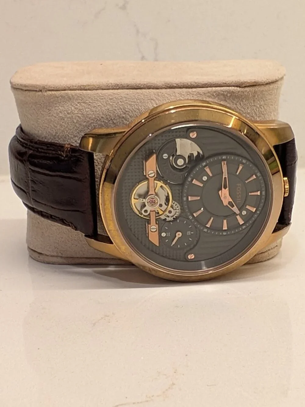 Fossil Men’s Automatic Open Heart Watch Rose Gold Brown Leather Skeleton